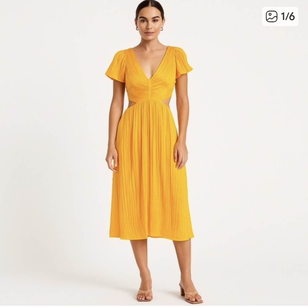 Express Elegant Yellow Smocked Midi Dress With Cutouts XS